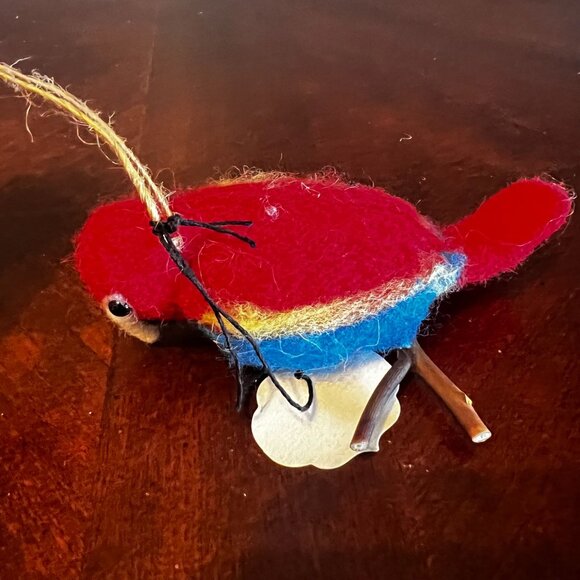 Felt Parrot Hanging Ornament - Red Blue & Yellow Wooden Perch - Picture 4 of 7